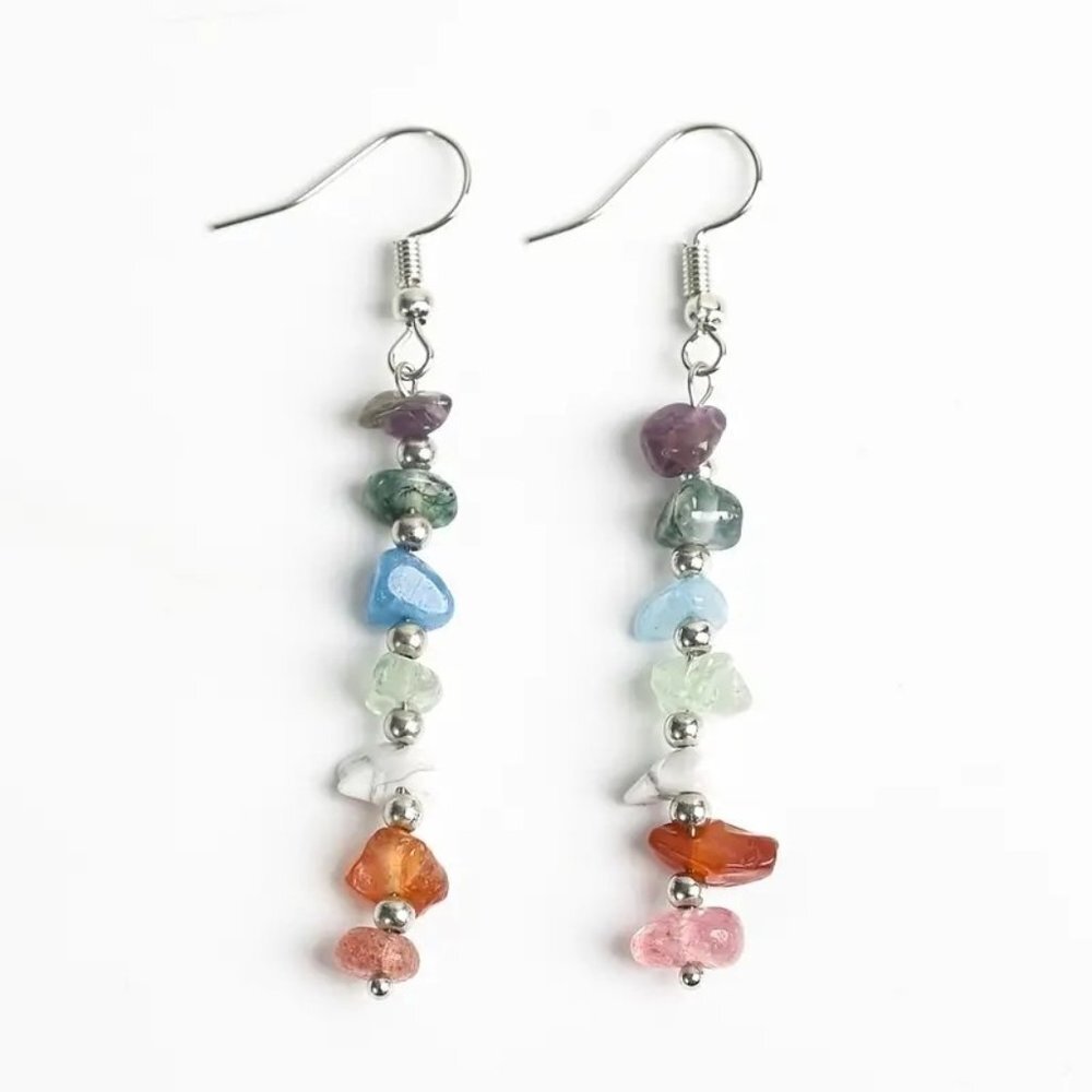 Handmade Seven Chakra Stone Drop Silver Dangle Earrings
